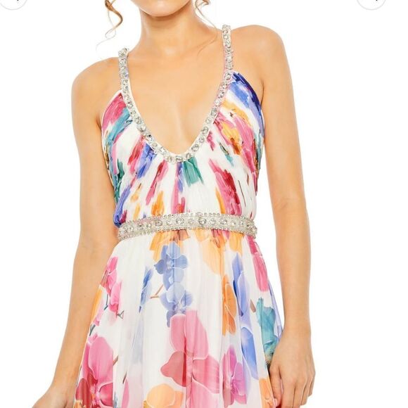 Mac Duggal 2219 Plunge Neck Embellished A Line Floral Print Gown | Size 12 - Picture 5 of 10